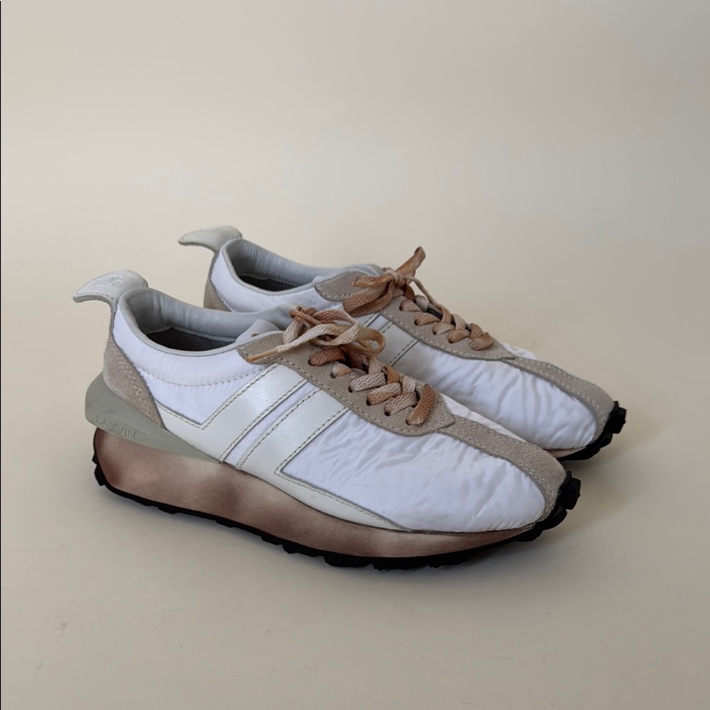 LANVIN Men’s Bumper Optic White Nylon / Nappa Leather and Suede Running Sneakers